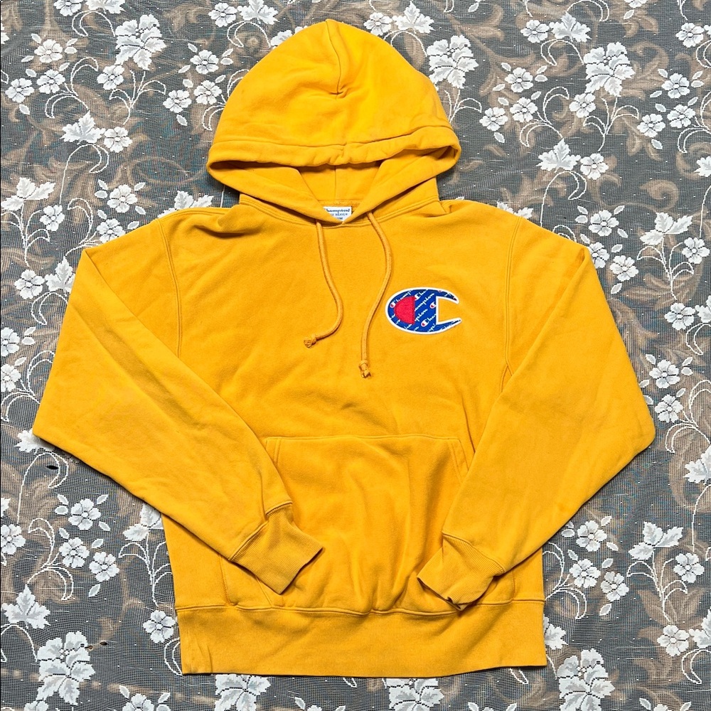 Champion Reverse Weave Mustard Gold Yellow Crewneck Hoodie w Chest Big C Patch